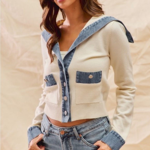 Denim Trimmed Sweater - Picture 2 of 5